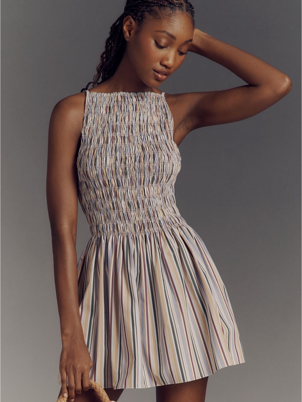 Faithfull the Brand Laia Sleeveless High-Neck Smocked Mini Dress – Sifnos Stripe